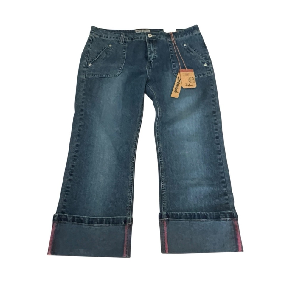 Vintage Defuze Jeans Womens 15/16‎ Blue Stretch Y2K Straight Leg Fold Cuff NWT